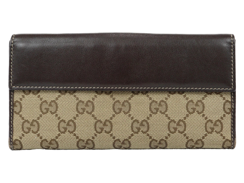 Gucci Leather GG Canvas Wallet Beige Brown Snap Long Double
